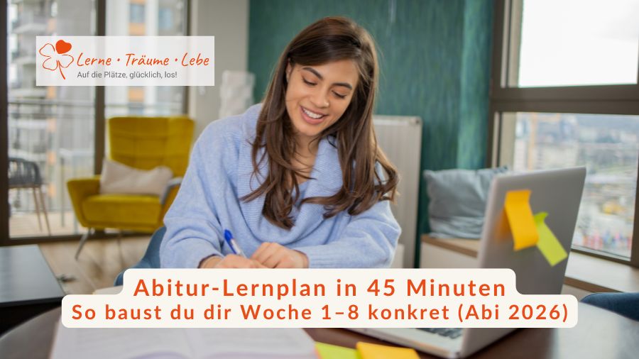 Eine glückliche Schülerin sitzt an ihren Schreibtish und lernt