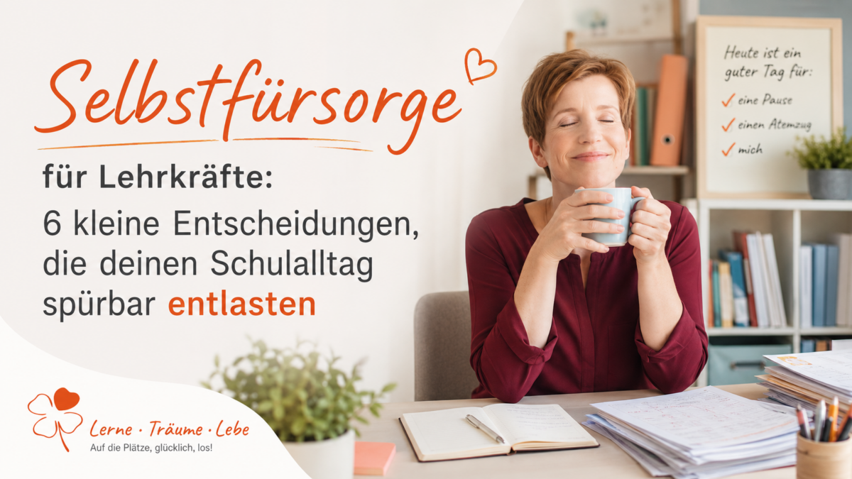 Eine Lehrerin sitzt zufrieden und glücklich am Schreibtisch und genießt einen Kaffee.