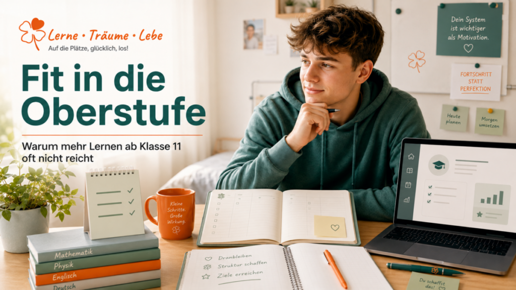 Ein Schüler sitzt zu Hause am Schreibtisch und erstellt sich sein persönliches Lernsystem.