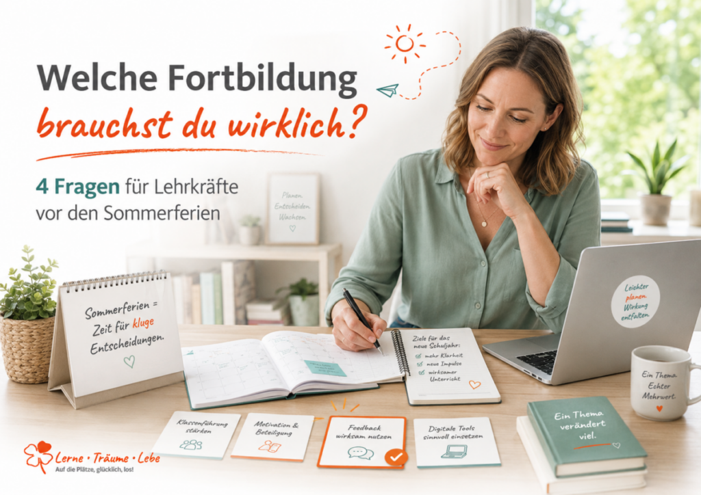 Eine glückliche lehrerin sitzt zu Hause an ihrem Schreibtisch und plant für das nächste Schuljahr ihre Fortbildungen.