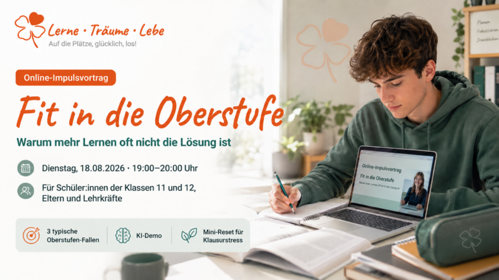 Impulsvortrag_Fit_in_die_Oberstufe Ein Schüler lernt ui Hause und schaut sich den Online-Impulsvortrag an.