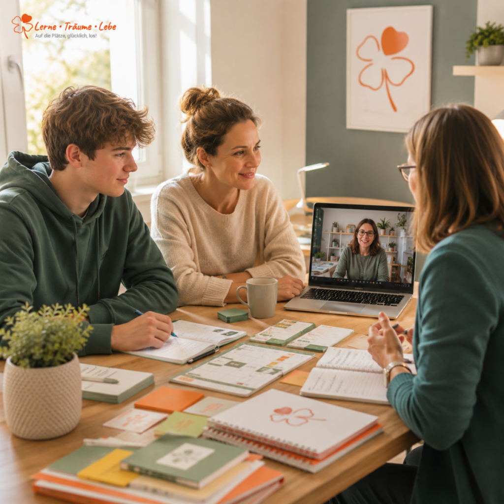 Zielgruppe_Impulsvortrag Eine Schüler, eine Mutter und eine Lehrerin nehmen gemeinsam am Impulsvortrag teil.