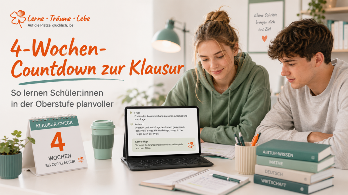 Zwei Schüler sitzen zu Hause in ihrem Zimmer am Schreibtisch und bereiten sich auf die nächste Klausur vor.