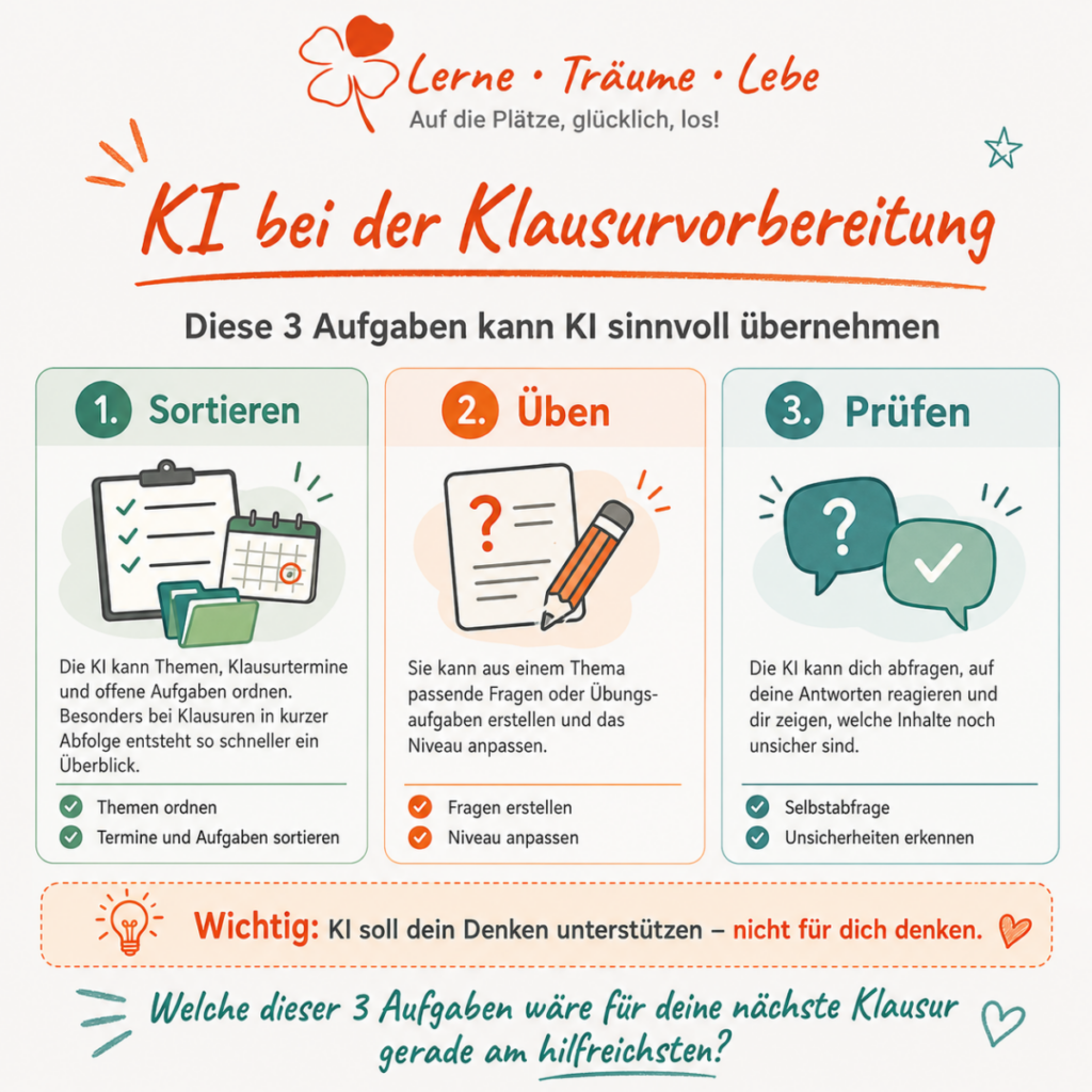 KI kann bei der Klausurvorbereitung drei sinnvolle Aufgaben übernehmen.
