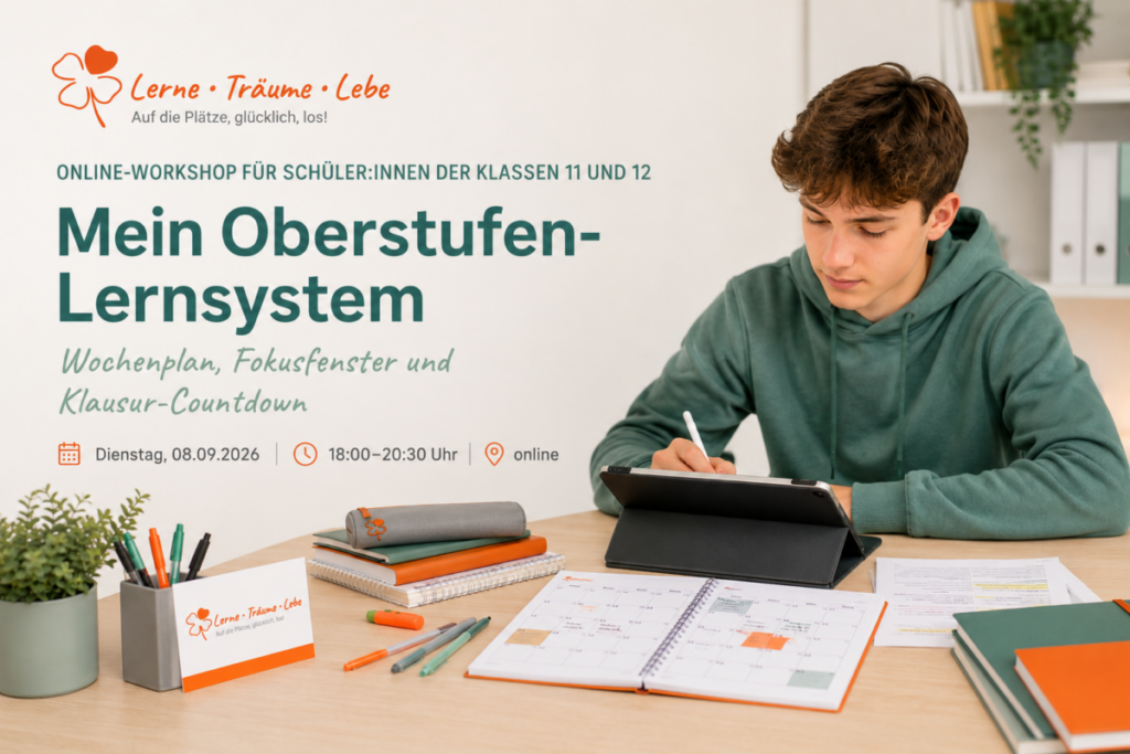 Ein Schüler sitzt zu Hause am Schreibtisch und baut sich sein persönliches Lernsystem