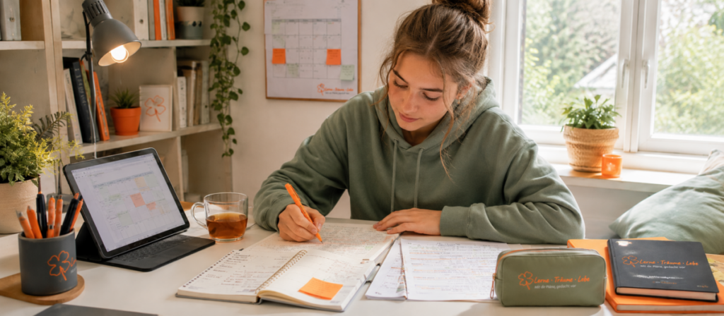 Mein_Oberstufen_Lernsystem_2 Eine Schülerin sitzt Zuhause am Schreibtisch und markiert in ihrem Hefter etwas.