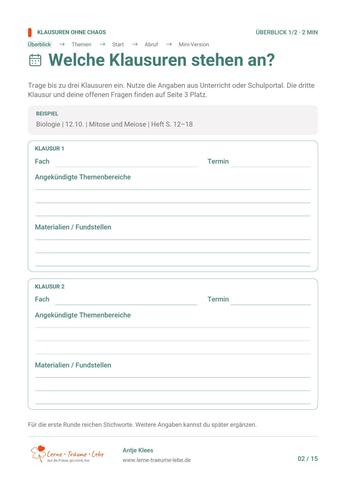 Klausurenübersicht aus dem Workbook Klausuren ohne Chaos