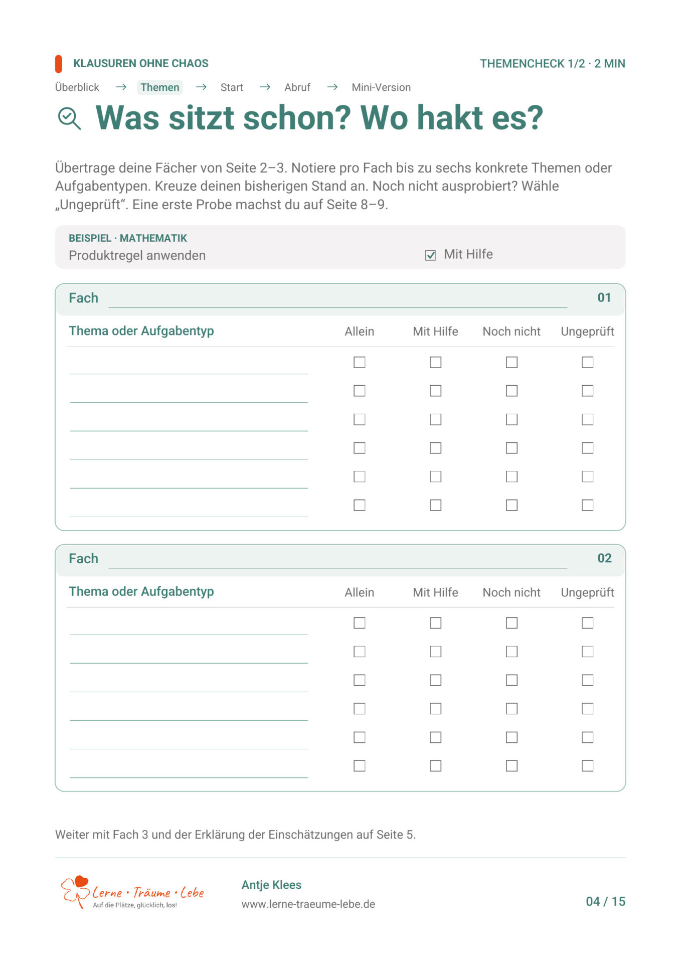 Themencheck aus dem Workbook Klausuren ohne Chaos