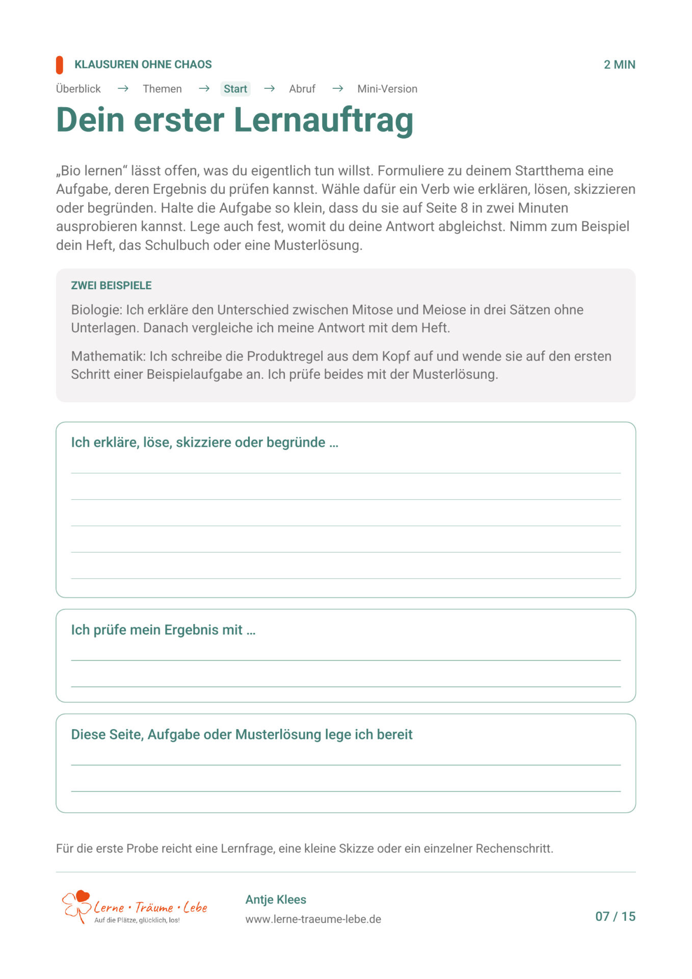 Lernauftrag aus dem Workbook Klausuren ohne Chaos