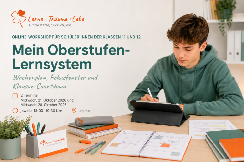Mein_Oberstufen_Lernsystem_Teil_2 Ein Schüler sitzt zu Hause am Schreibtisch und baut sich seinen persönlichen Wochenplan.