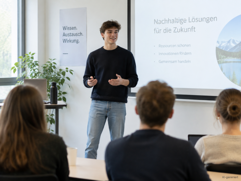 Ein Schüler hält im KLassenraum eine Präsentation.