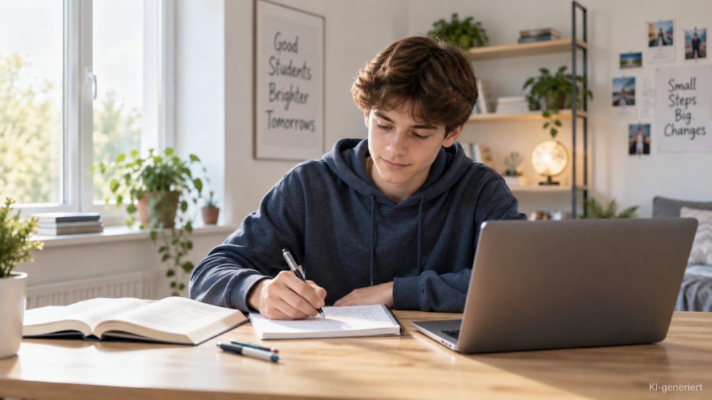 Ein Schüler sitzt zu Hause an seinem Schreibtisch und lernt.
