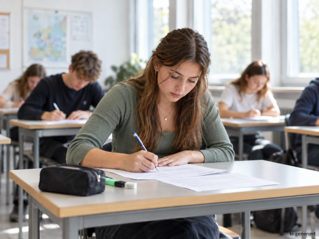 Eine Schülerin schreibt in der Schule eine schriftliche Prüfung.