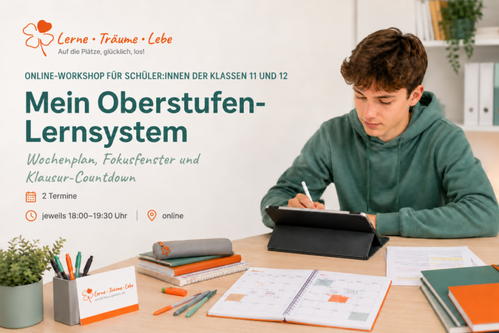 Mein_Oberstufen_Lernsystem_Abrufangebot Ein Schüler sitzt zu Hause am Schreibtisch und baut sich seinen persönlichen Wochenplan.